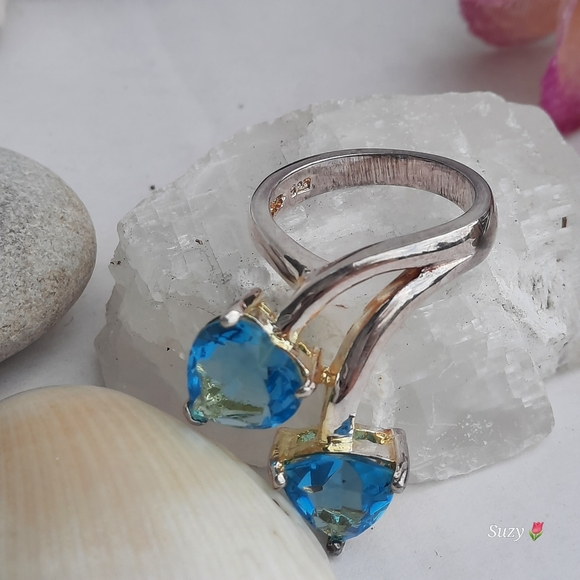925 Ring 💙💙 2 Hearts Aqua Marine Blue Facetted Stones, Silver - Picture 2 of 7